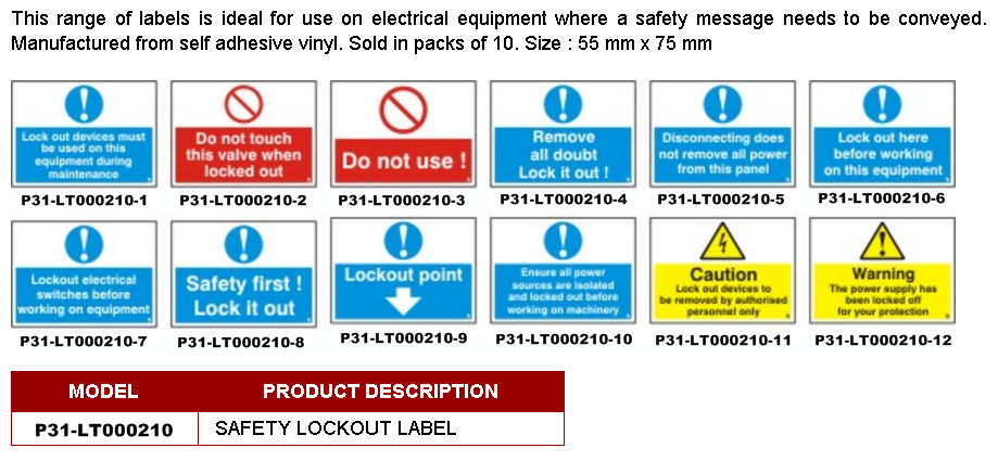 SAFETY LOCKOUT LABELS